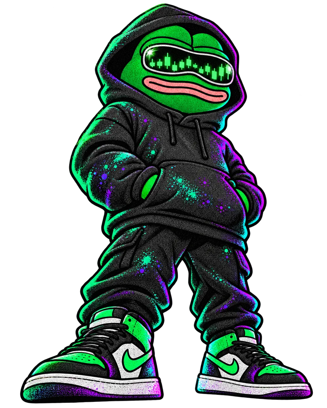 THE SOL FACE frog in a black hoodie with glowing trading goggles